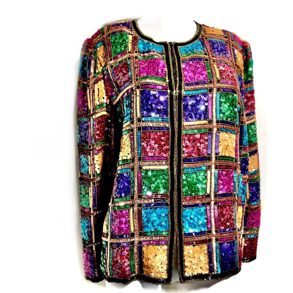 Laurence Kazar Vintage Vibrant Sequin Plaid Jacket - Picture 2 of 11